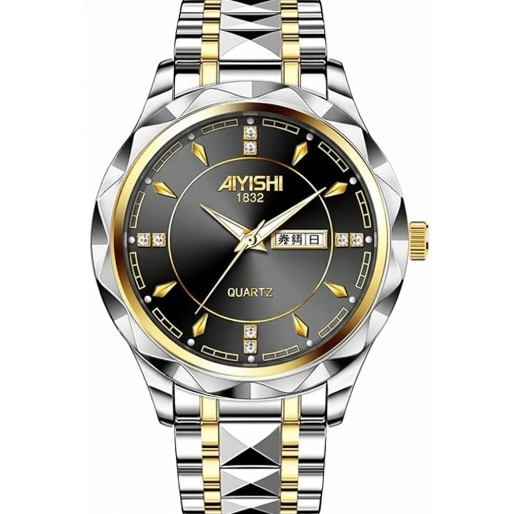 Dofia Xiaoya Aiyishi 1832 Men's Two Tone Stainless Steel Quartz Watch Black Dia